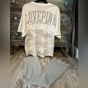EUC!VS💗PINK Sz-M SET!Oversized CAMO Varsity Tee & Cotton Ribbed Flare Leggings!